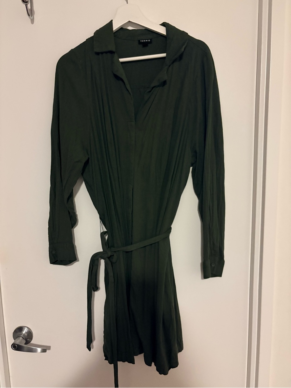 Torrid Dark Olive Green Long Sleeve Shirt Dress with Tie